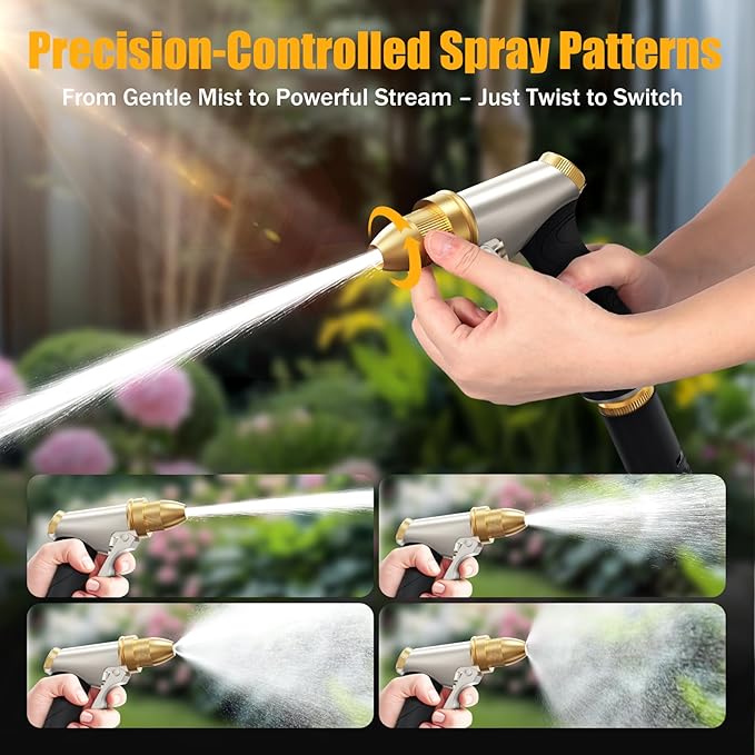 Heavy Duty Brass Garden Hose Nozzle High Pressure Metal Water Spray Nozzle with 4 Adjustable Patterns for Garden Watering, Car Washing & Pet Bathing (Brass)