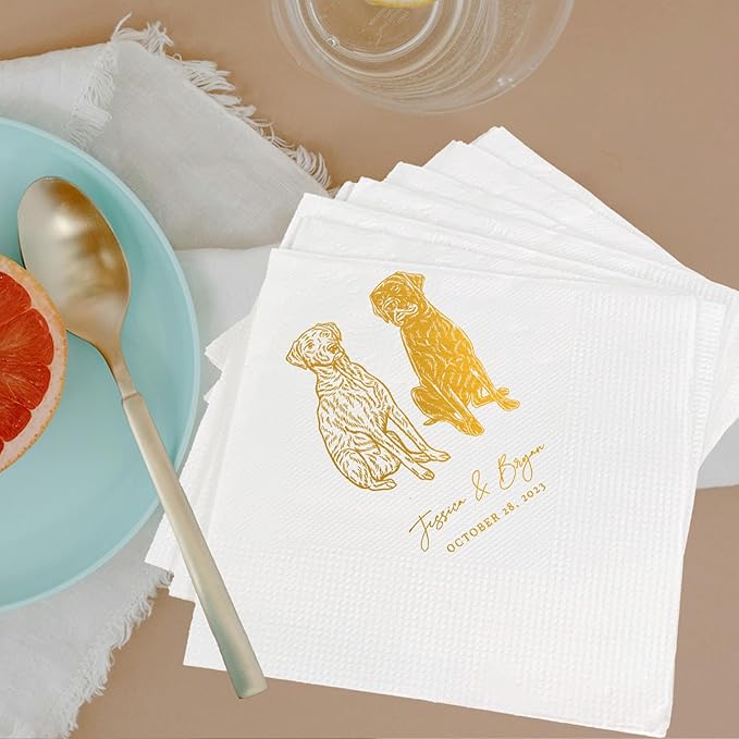 Luxury Custom Illustrated Dog Wedding Napkins, Custom Pet, Personalized Photo Napkins for Dog Wedding, Engagement Party