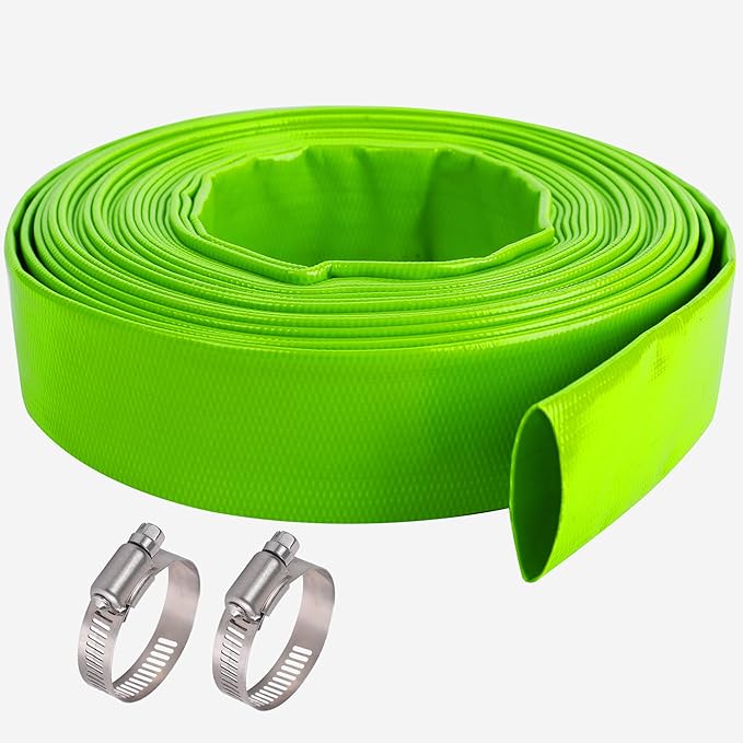 1-1/2" (Flat 2.6’’ width) x 100 FT Pool Backwash Hose, Green Heavy Duty Reinforced PVC Lay Flat Water Discharge Hose for Swimming Pool Filter Pump,with 2 Clamp