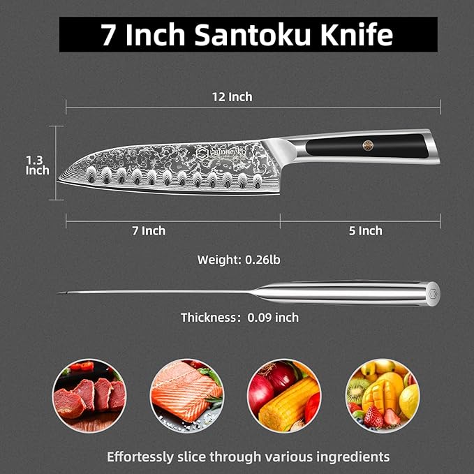 Sunnecko Santoku Knife 7 inch, Damascus Chef Knife VG-10 Steel Blade Japanese Knife, Sharp Kitchen Knife with Solid Handle Chopping Knife Perfect for Professional Home Use Cutting Knife