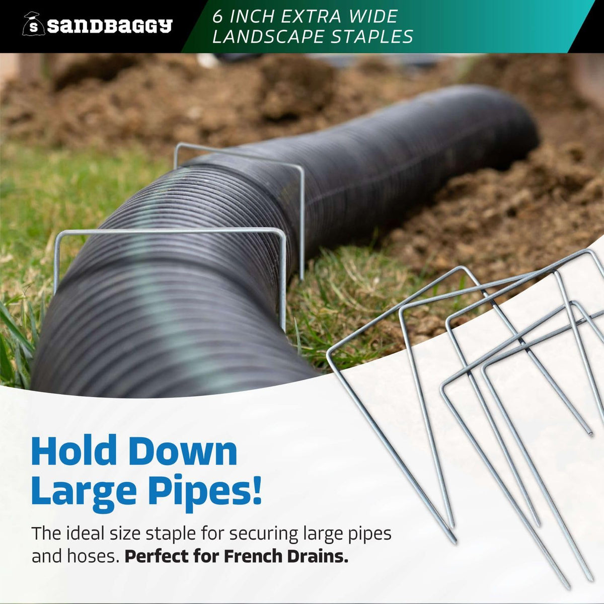 Sandbaggy 6" Wide Landscape Staples - Extra Heavy Duty: 7 Gauge Galvanized Steel - Hold Down Pipes, Landscape Fabric, Ground Cover, Erosion Control Netting, Sod, & Turf (100, 6" W x 8" L)