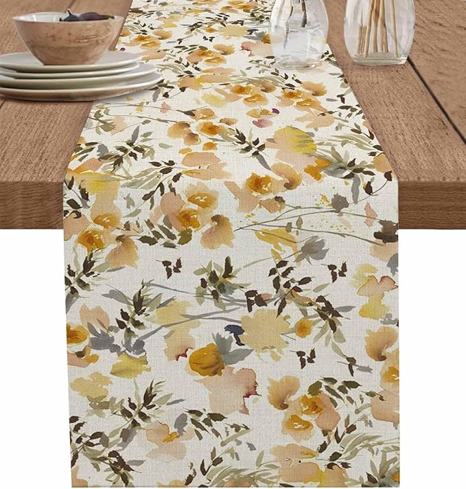 Vintage Orange Flower Cotton Linen Table Runner for Dining Kitchen, Wedding Outdoor Party Tablerunners Decoration, Farmhouse Botanical Floral Retro Dresser Scarf Coffee Tablecloth Runners 13x36 Inches
