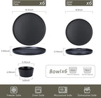 Herogo 18 Pieces Stoneware Dinnerware Sets for 6, Dinner Plates and Bowls Set, Reactive Glaze Dishes for Kitchen, Chip Resistant, Microwave & Dishwasher Safe, Matte Black