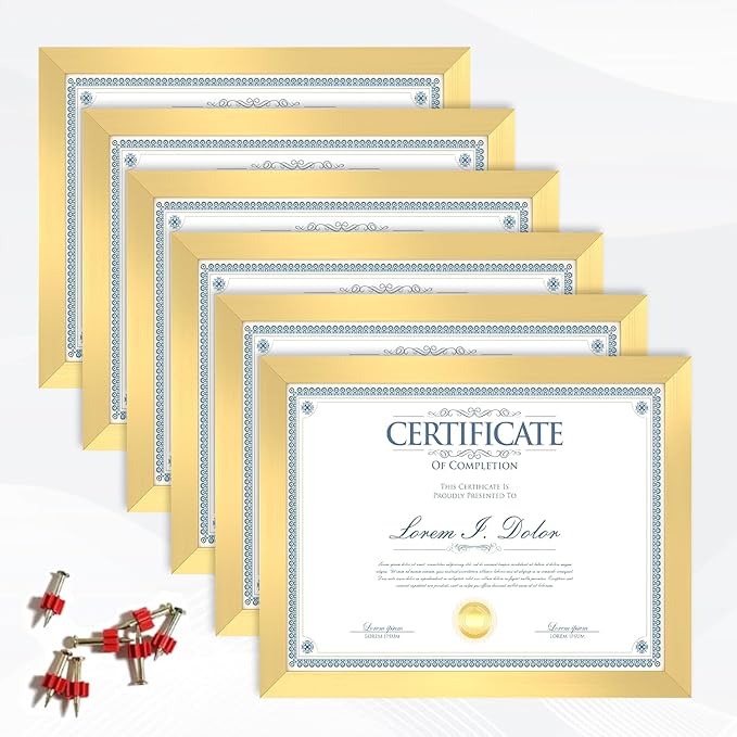 8.5x11 Picture Frame set of 6, Multi Certificate 8.5 by 11 Picture Frames Bulk, Document Diploma Award Frame, Wall Hanging or Tabletop Display, Gold