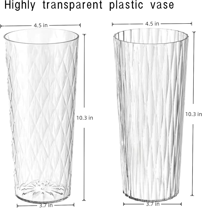 2 Clear Crystal Plastic Flower Vase, 10.2" Acrylic Rose Bouquet Vases for Home Decor Centerpieces Wedding Birthday Mothers (D4.6 2 + 2 Holder)