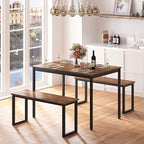 soges 3 PCS Dining Table Set for 4 with 2 Benches, Soho Dining Table and Chairs Set, Industrial Kitchen Table and Chairs Kitchen Breakfast Table Set, Dining Set with Metal Frame, Brown