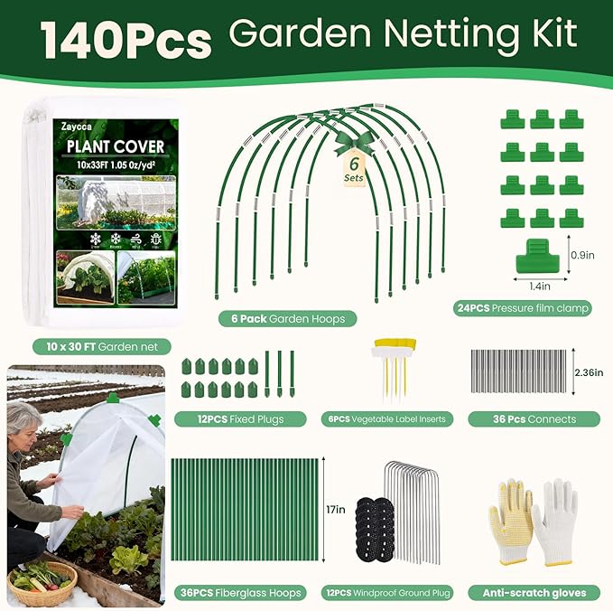 10x33FT Plant Covers Freeze Protection Kit, Garden Hoops Winter Kit, Frost Blankets for Outdoor Plants, Raised Bed Snow Protection, Reusable Winter Row Cover for Greenhouses
