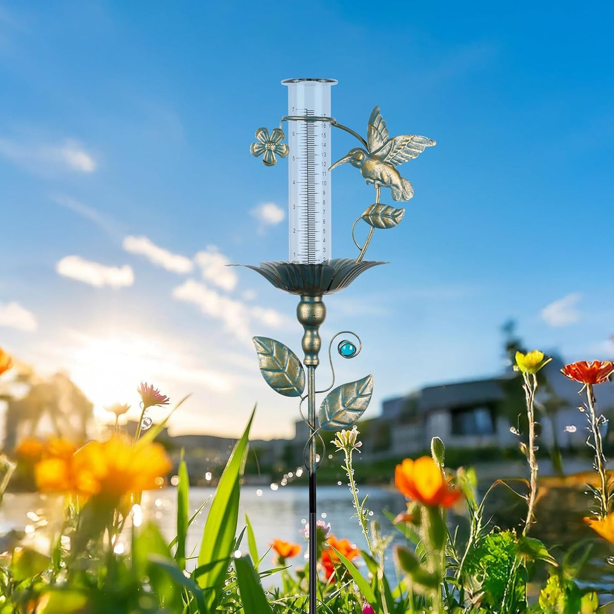 Rain Gauge Outdoor Decorative Hummingbird 7" Metal Rain Gauges Glass Tube | for Yard Garden,Pathway, Patio Freeze Proof Height Adjustable, Metal Water Gauge for Rain
