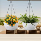 Meowell 8 inch Hanging Planters for Small Indoor Outdoor Plants, 2 Pack Hanging Flower Pots with Drainage Holes and Chain for Garden Porch, Plastic Hanging Baskets for House Plants, Speckled White