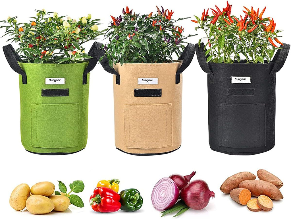 Sungmor 3PC Large Fabric Pots, Grow Bags for Plants 10 Gallon Patio Garden Bags Cloth Pots, Heavy Duty Thick Non Woven Planters Flower Pots Gardening Planting Bags for Flowers Vegetables Pepper Plants