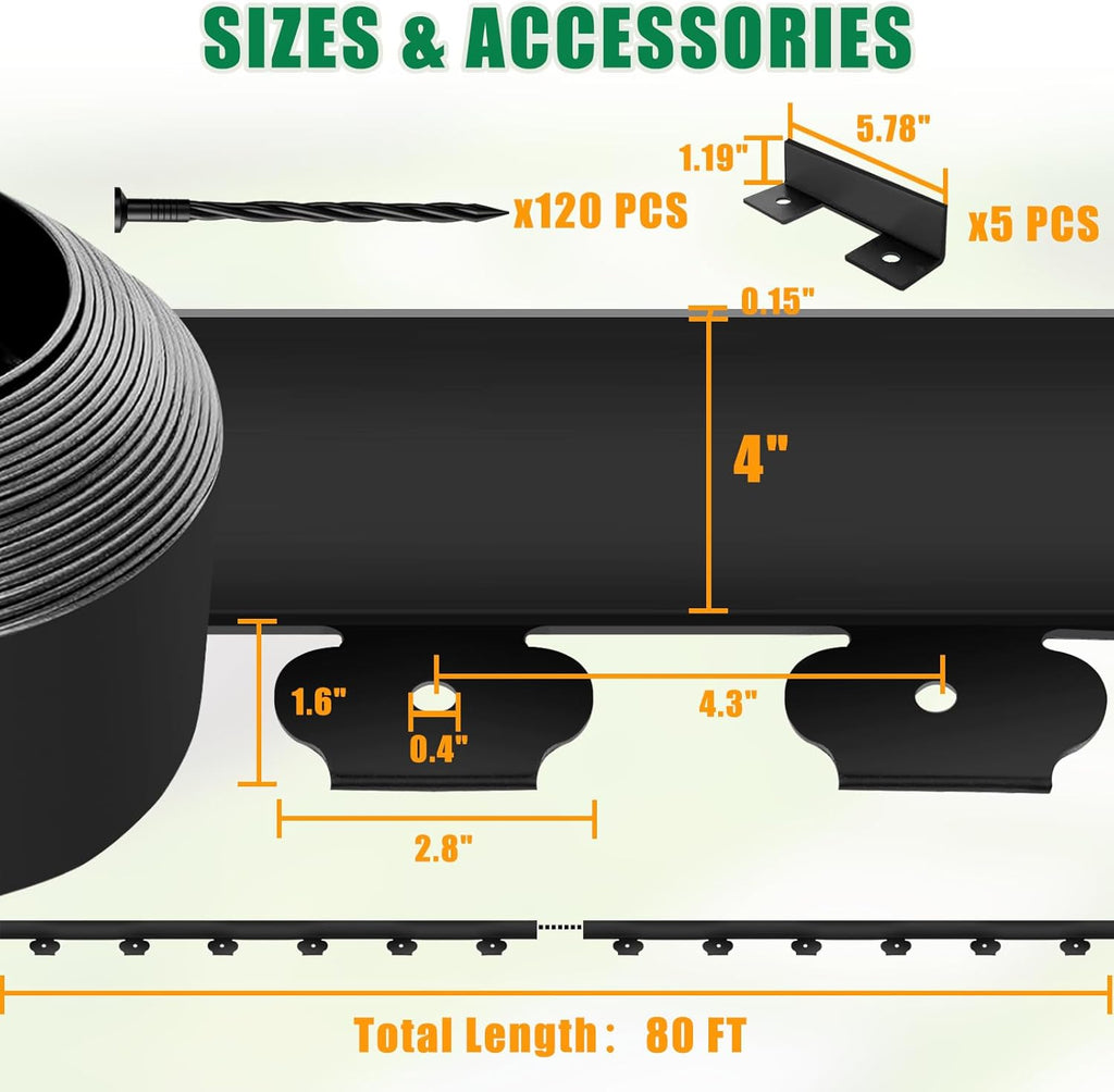Landscape Edging - 80FT 4IN Garden Edging Border with 120 Stakes, No Dig Lawn Edging for Landscaping for Garden Bed, Yard, 0.15" Thick Flower Bed Border Edging with Connector for Outdoor