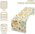Summer Bee Table Runner, Seasonal Spring Wildflowers Bee Yellow Honeycombs Farmhouse Table Runner for Kitchen Dining Table Home Party Decor, 13x90inch