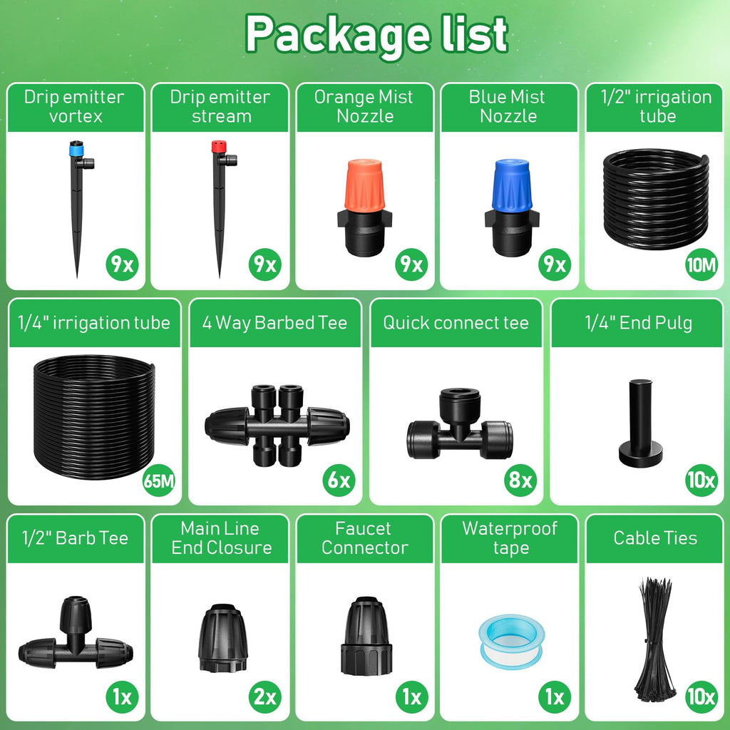 246FT Drip Irrigation System, Automatic Drip Irrigation Kit with 1/2" Main Tube & 1/4" Branch Tubing, Adjustable Drip Emitters, Garden Watering System for Flower Bed, Raised Beds, Lawn, Greenhouses