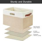 Large Collapsible Fabric Storage Bins with 3 Handles, Foldable Organizer Baskets for Closet, Shelves, Living Room | 3 Pack, Durable PU & Metal Handles (14.9"x9.8"x9.8", Beige & White)