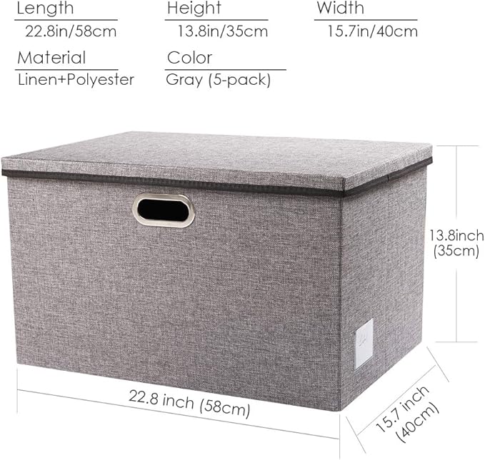PRANDOM Extra Large Collapsible Storage Bins with Lids [5-Pack] Linen Fabric Foldable Storage Baskets Boxes Organizer Containers Cube with Cover for Bedroom Closet Office Nursery (22.8x15.75x13.8)
