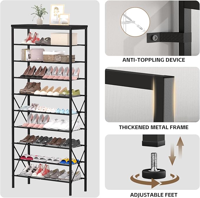 10 Tiers Shoe Storage Organizer, Large Capacity Shoe Shelf Holds 32 Pairs of Shoes,Black