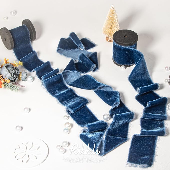 Ribbli Ocean Blue Velvet Ribbon 1.5 Inch Handmade Frayed Vintage Christmas Ribbon for Gift Wrapping Christmas Tree Ornament Wreath Craft Home Decor -Total 3 Yards with Wooden Spool