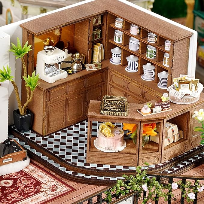 CUTEBEE Dollhouse Miniature with Furniture, DIY Wooden Dollhouse Kit Plus Dust Proof, Creative Room Idea(Forest Tea Shop)