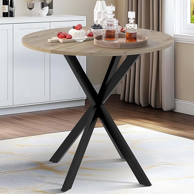 Unovivy 31.5" Small Round Dining Table for 2-4, Space Saving Circle Kitchen Dinner Table, Industrial Mid Century Modern Dining Room Desk for Kitchen, Apartment, Natural Oak