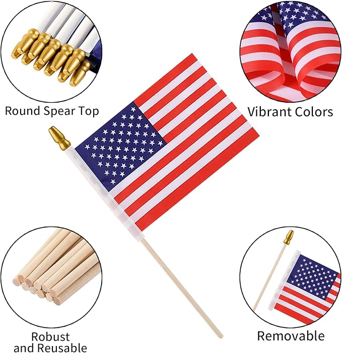 150pcs Small American Flags on Stick, Handheld 4 x 6 Inchs Mini American Flags with Kid-Safe Golden Spear Top, US Flags for 4th of July Decorations Outdoor, Independence Day Decorations