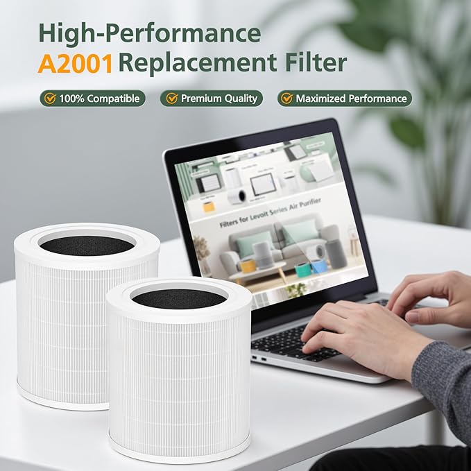 A2001 Replacement Filter Compatible with A2001 Air Purifier, 3-In-1 Efficient Filtration Activated Carbon Filter, Compared to Part #AF-2001, 2 Pack