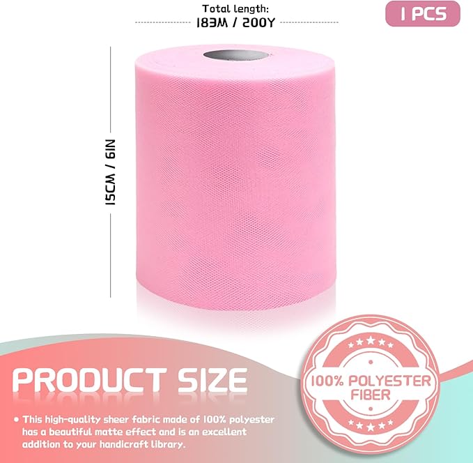 6" x 200 Yards Light Pink Tulle Fabric Rolls, Pink Spool Tulle Ribbon for DIY Tutu Skirt Wedding Decoration Baby Shower Birthday Party Backdrop Gift Wrapping Bow Craft Supplies