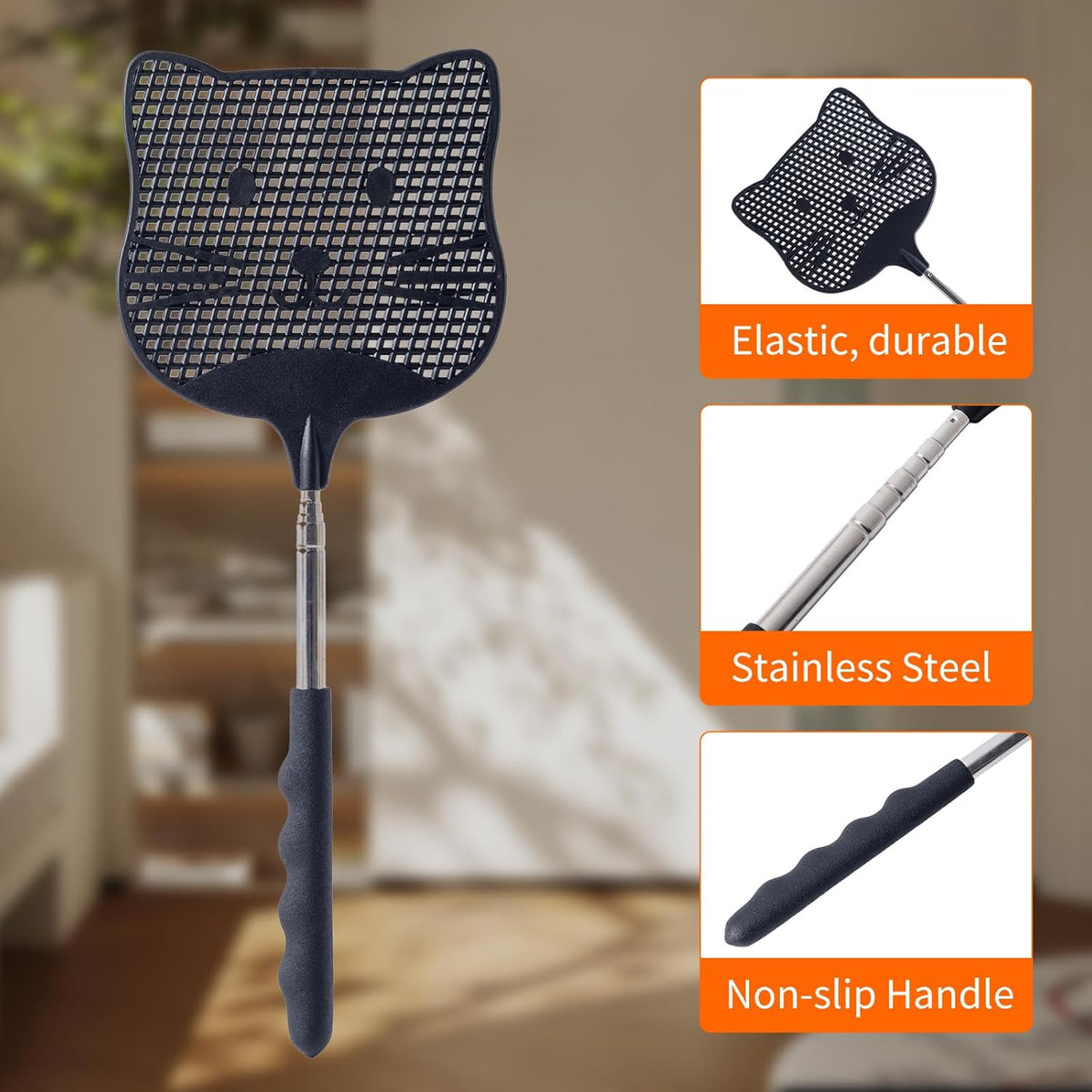 2 Pack Extendable Fly Swatter, 25 inch Long Handle Flyswatters, Plastic Heavy Duty Fly Swatters Manual for Indoors Patio Garden and Outdoors Black