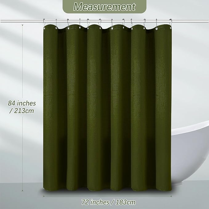 Extra Long Dark Green Waffle Shower Curtain, Heavy Duty 256GSM Fabric Curtains with Weave Hotel Quality Bathroom Curtains, 72 x 84 Inches