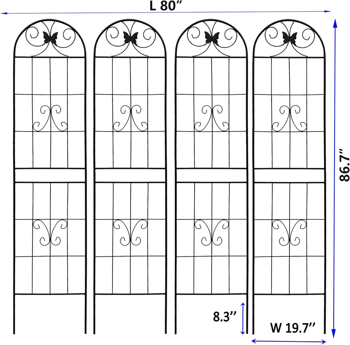 4 Pack Metal Garden Trellis 86.7" Tall Outdoor Climbing Plant Support for Roses, Flowers, Rustproof Durable Black Galvanized Tube, Lawn Garden Fence Decor Screen (4pcs, 86.7" H)
