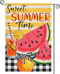 Sweet Summer Time Garden Flag Watermelon Buffalo Plaid 12x18 Inch Welcome Small Flags for Outside, Fruit Double Sided Burlap Juice Lemon Holiday Seasonal Banner Farmhouse Outdoor Yard Decoration