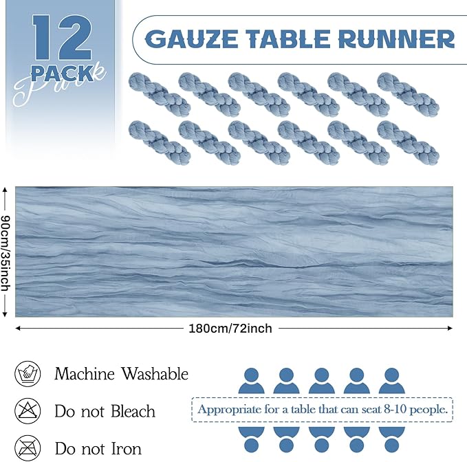Aktor 12 Pack Dusty Blue Table Runner Boho Cheesecloth Table Runner Semi Sheer Gauze Fabric Runners for Wedding Birthday Baby Shower Party Boho Table Decoration（Dusty Blue）