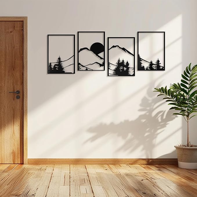 Art3d Black Metal Wall art, 4 Pieces Wall Decor for Living Room Bedroom Hallway Hotel, Natural Mountain Pattern Wall Art Style, Line Art Wall Décor