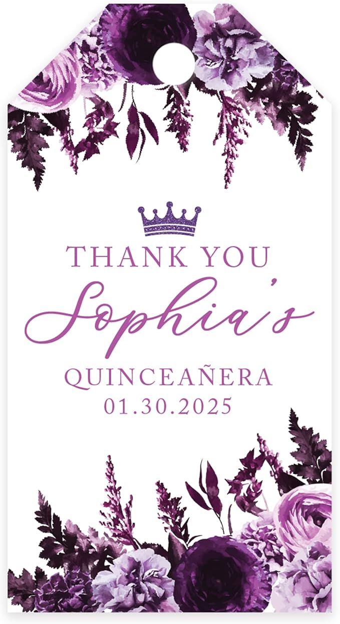 Andaz Press 40-Pack Personalized Quinceañera Favor Tags with String, Purple Florals Custom Classic Thank You Gift Tags for Quince Años XV 15th Birthday Favor Gifts Quinceanera Decorations