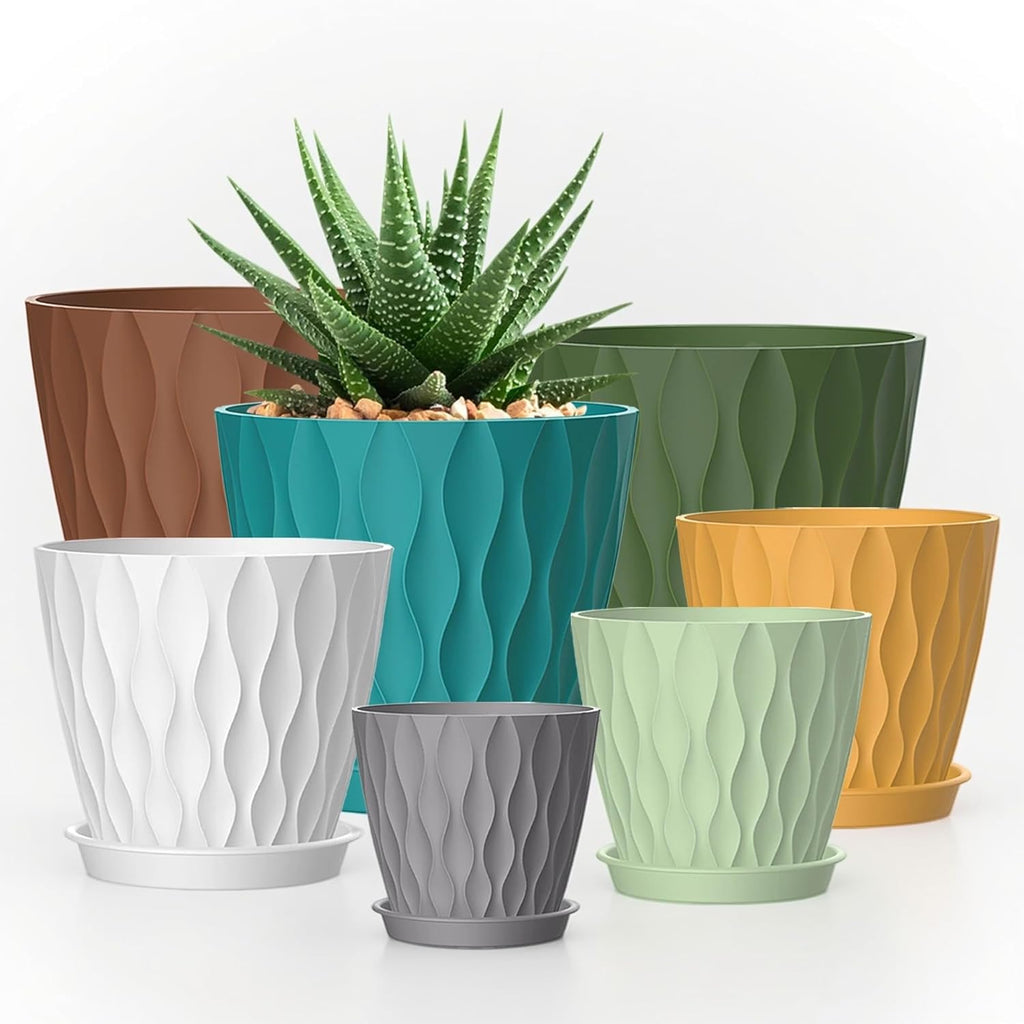 4/4.5/5/5.5/6/6.5/7 Inch Plant Pots,7 Pack Flower Pots with Drainage Holes and Trays,Plastic Planters for Indoor Outdoor Plants Growth,Multicolor