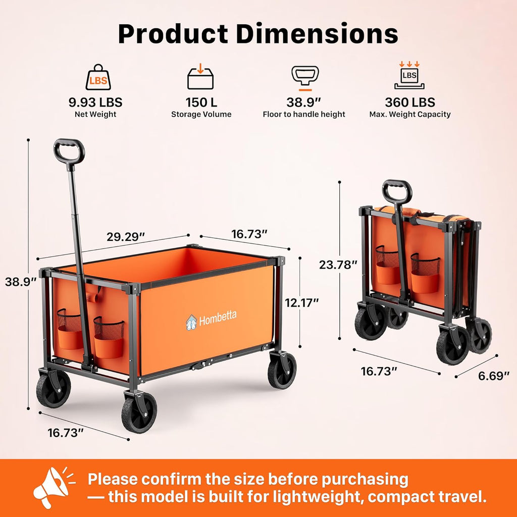 Collapsible Wagon Cart with Wheels, 150L Lightweight Foldable Utility Cart, Portable Rolling Wagon for Garden, Shopping, Sports, Camping, Transport, Orange