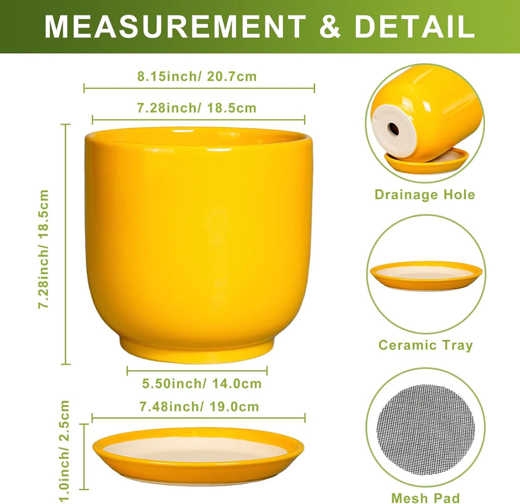 Ceramic Plant Pot 8 Inch - Decorative Modern Round Indoor Planter for Plants Flowers with Drainage Hole and Saucer, House Desk Office Home Decor, Yellow
