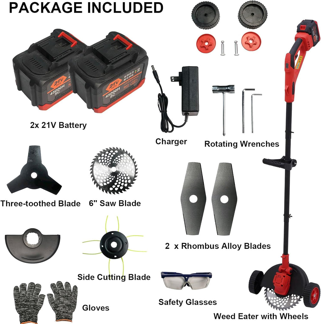 Electric Weed Wacker Cordless Weed Eater Battery Powered, 21V Stringless Grass Trimmer/Edger/Brush Cutter/Lawn Mower, 2 Battery with Wheel & Blades for Yard Garden