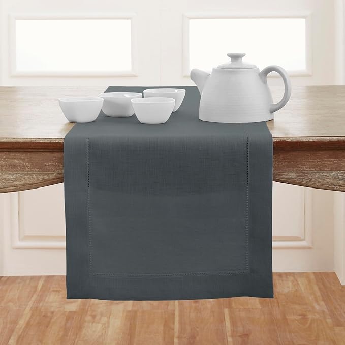 Solino Home Linen Hemstitch Table Runner 60 Inches - 100% Pure Linen Dark Grey Table Runner 14 x 60 Inch Ideal for Dresser and Coffee Tables - Classic Hemstitch - Thanksgiving