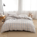 FACE TWO FACE Bedding Duvet Cover Set100% Washed Cotton Duvet Cover Linen Like Textured Breathable Durable Soft Comfy (Twin, Blue Grid)
