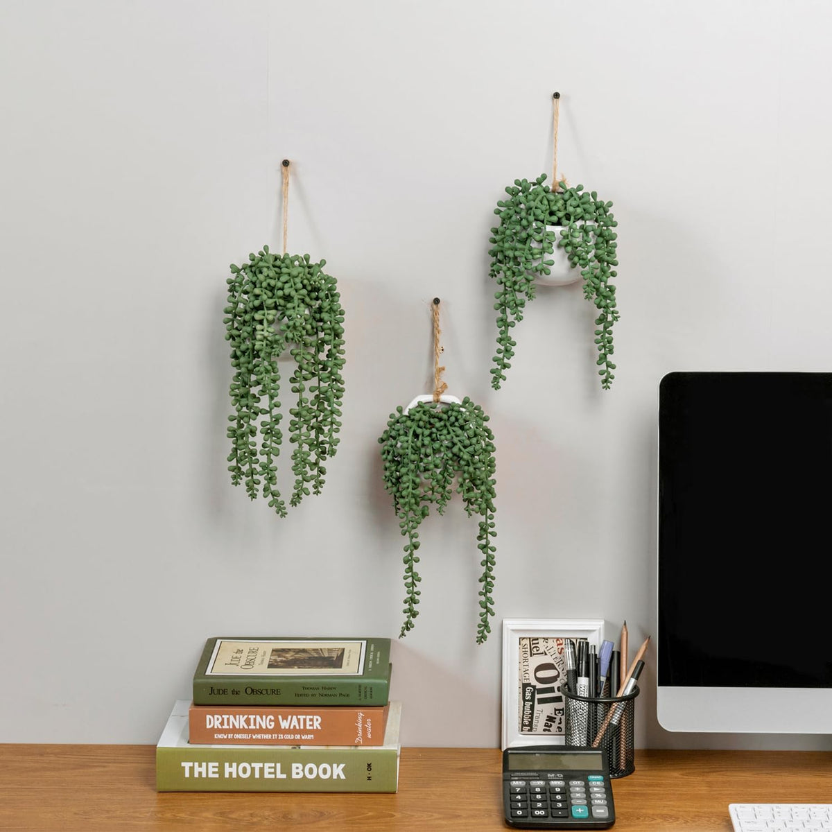 MyGift Artificial Faux String of Pearls Plants in White Ceramic Wall Hanging Planter Pot with Jute Rope, Set of 3