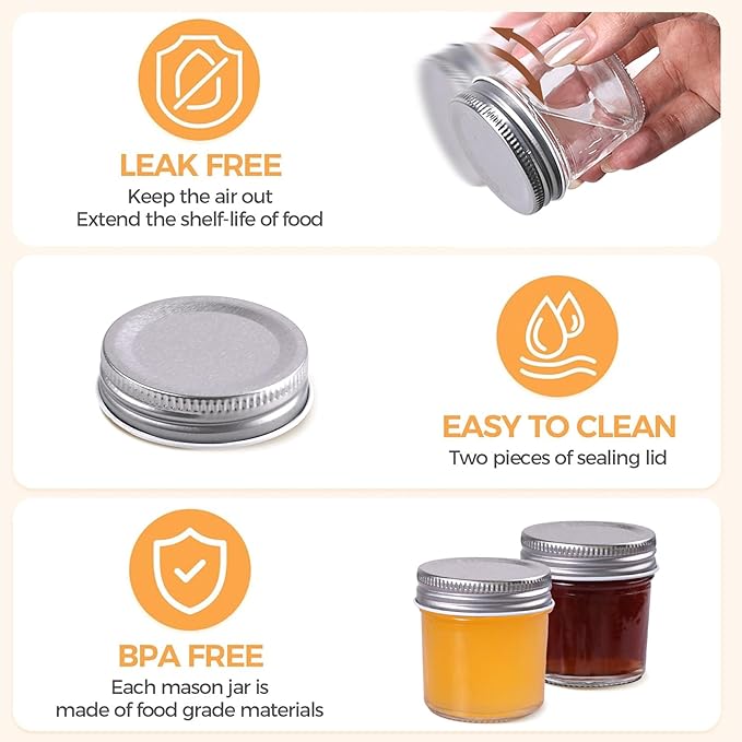 ComSaf Small Mason Jars 2 oz, 48 Pcs Mini Mason Containers, Small Canning Jars, Mini Glass Jar with Lids for Ginger Shots, Honey, Jams, Sauces, Spices, DIY Candle Decor, Wedding & Baby Shower Favors