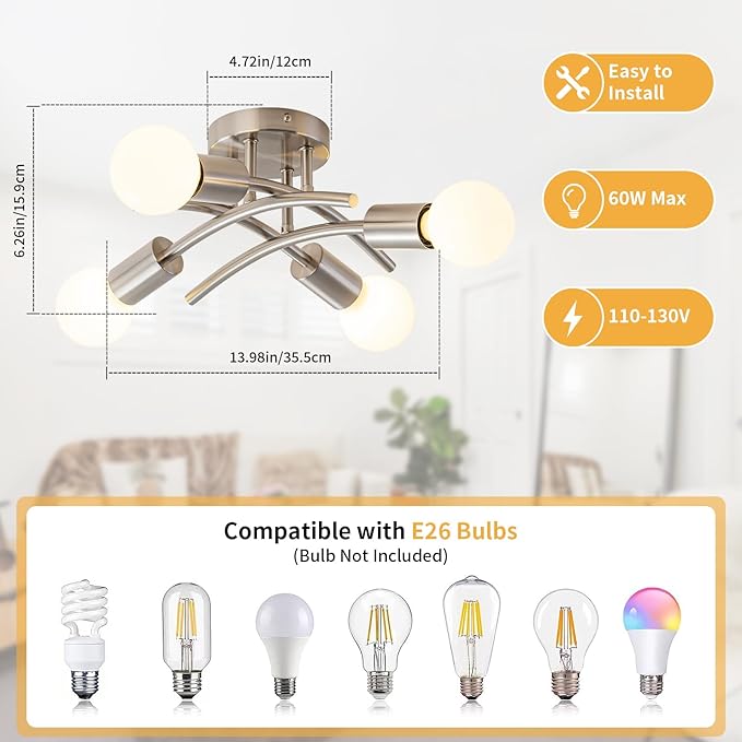 WILON Semi Flush Mount Ceiling Light Fixture, Modern Flush Mount Ceiling Lights, Brushed Nickel 4-Light Sputnik Ceiling Light Fixture with E26 Bulb Base for Hallway Farmhouse Kitchen Bedroom