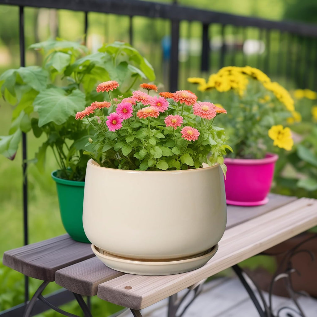 G EPGardening Ceramic Plant Pots - 9 Inch Round Planter, Ceramic Flower Pots with Drainage and Saucer, Modern Indoor Outdoor Planter, Room Decor, Home Gifts, Beige