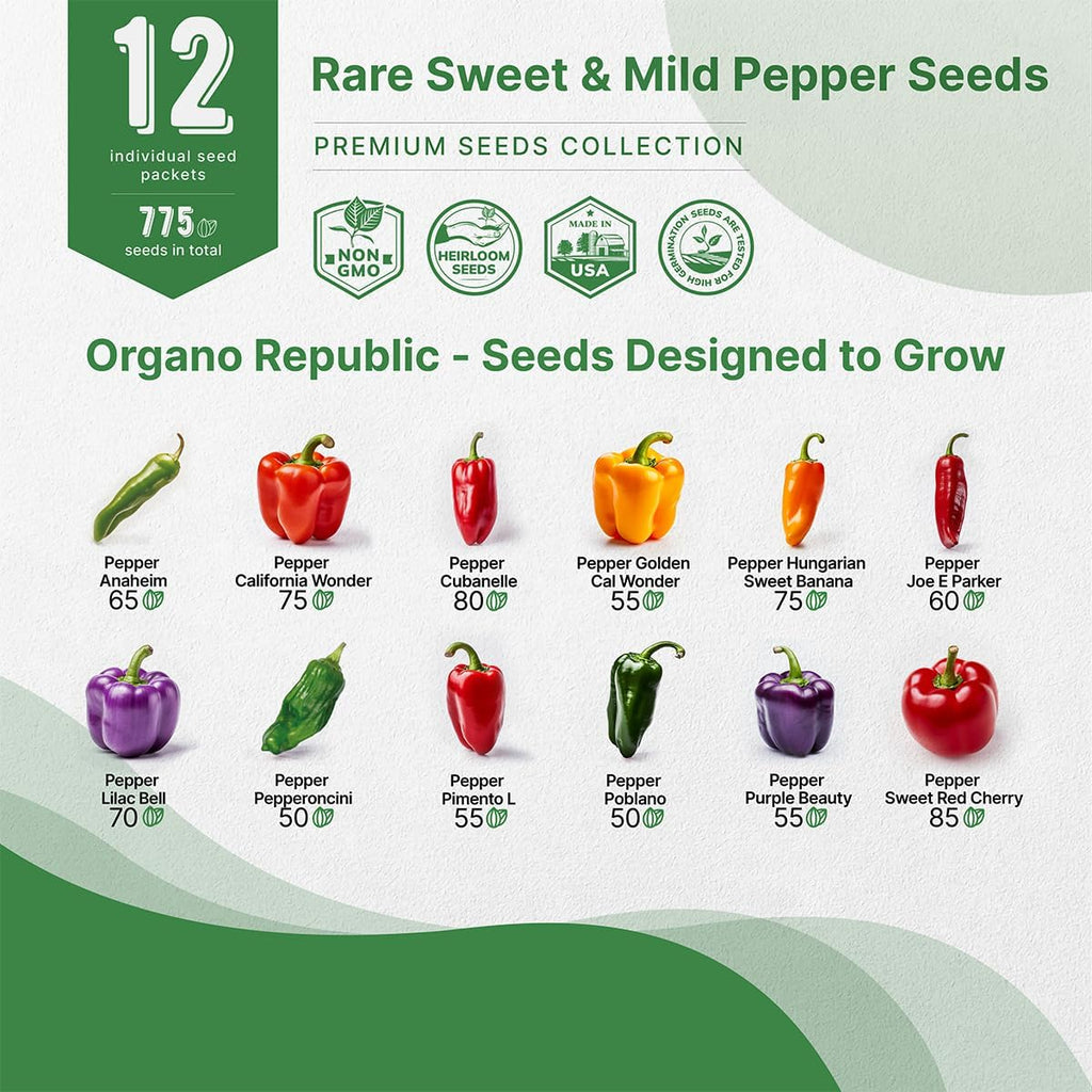 Organo Republic 12 Rare Sweet & Mild Pepper Seeds Variety Pack - 770+ Non-GMO Heirloom Pepper Seeds for Outdoor and Indoor Home Gardening, Including Pepper Anaheim, Pepperonchini, Pimento, Lilac Bell
