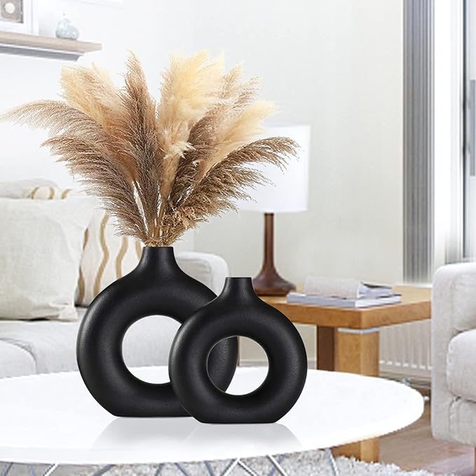 Black Ceramic Vase Set of 2 for Modern Boho Decor,Round Matte Pampas Flower Vases Minimalist Nordic Boho Ins Style for Wedding Dinner Table Party Living Room Office Bedroom, Decorative Gift