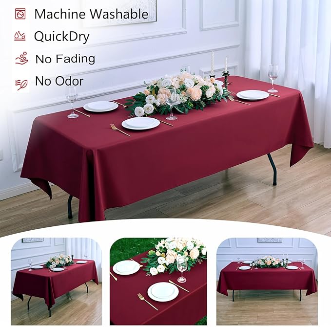 Burgundy 6 Pack Polyester Table Cloth 60 x 126 Inch, Rectangle Tablecloths for 6 Foot Tables Washable Table Cloth for Party Wedding