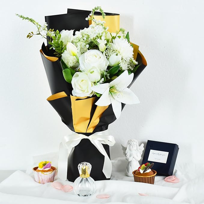 BEISHIDA 20Pcs Black and Gold Double Sided Floral Wrapping Paper Matte Waterproof Flower Bouquet Wrapping Paper for Floral Wrap Florist Packing Supplies Birthday Valentine's Christmas Gift Wrapping