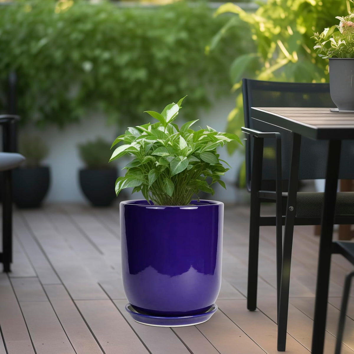 10 Inch Plant Pot - Ceramic Pot for Indoor Plants Large Planter Modern Outdoor Flower Pot with Drainage Hole and Saucer for Home Patio Decor Blue