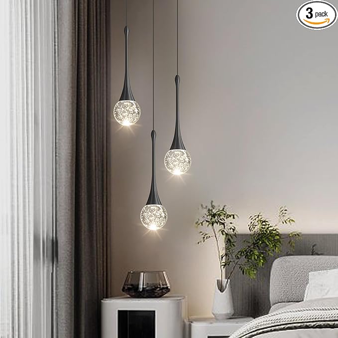 cenzoz 3-Lights Modern Pendant Lights for Kitchen Island LED Dimmable Crystal Glam Ceiling Pendant Lighting Chandelier for Dining Room Hallway Bedroom Corner Lamp Black