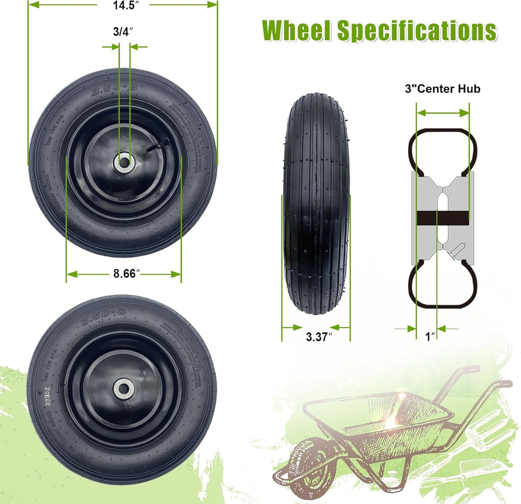 2-Pack 14.5-Inch Wheelbarrow Tire.3.50-8" Pneumatic Tires and wheels with 3"- 6" Center Hub and 3/4" Bushings for Wheelbarrow Lawn Mover Replacement.